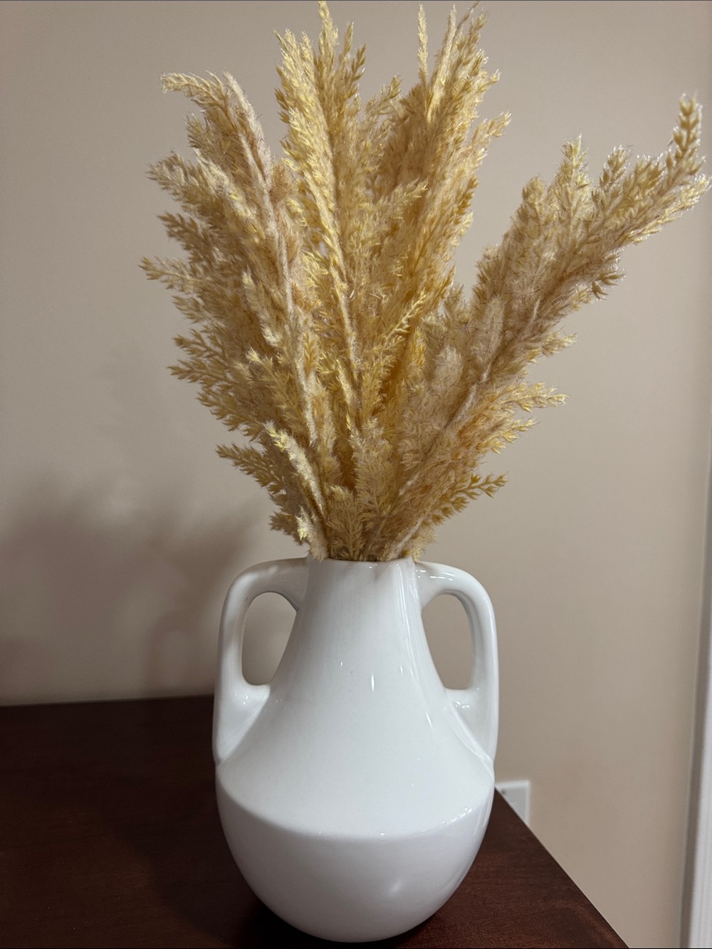 Neutral White Double-Handled Ceramic Vase with Cream Pampas Grass
